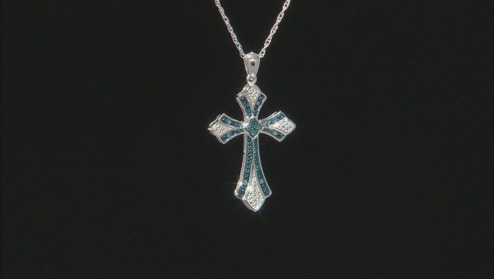 Blue Diamond Rhodium Over Sterling Silver Cross Pendant With 18" Rope Chain 0.14ctw