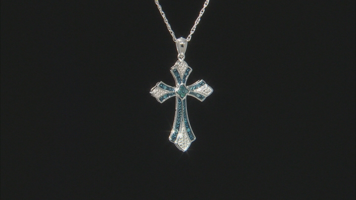 Blue Diamond Rhodium Over Sterling Silver Cross Pendant With 18" Singapore Chain 0.14ctw Video Thumbnail