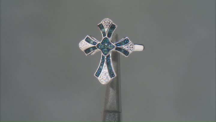 Blue Diamond Rhodium Over Sterling Silver Cross Ring 0.10ctw Video Thumbnail