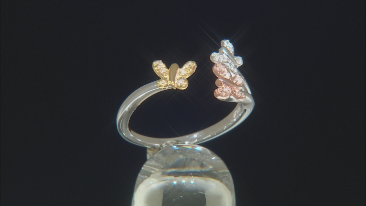 White Diamond Rhodium And 14K Yellow And Rose Gold Over Sterling Silver Butterfly Ring .10ctw Video Thumbnail