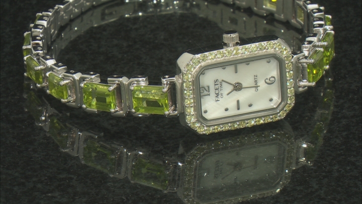 11.04ctw Green Peridot Mop Dial Rhodium Over Sterling Silver Watch