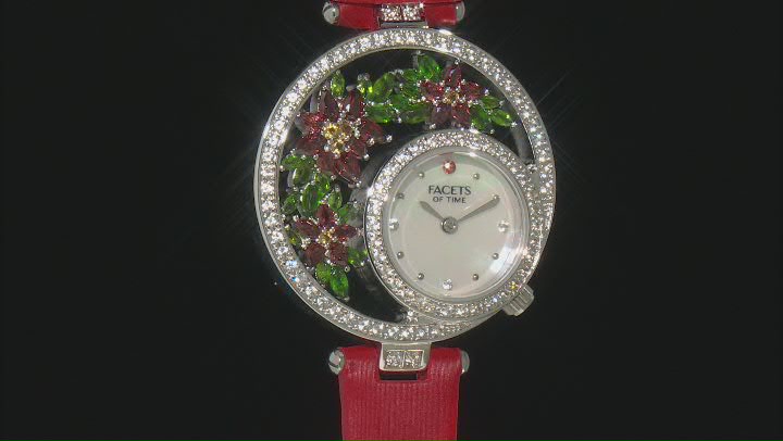 Vermelho Garnet™ with multi-gemstone Mother of Pearl Dial Rhodium Over Brass Watch 5.56ctw