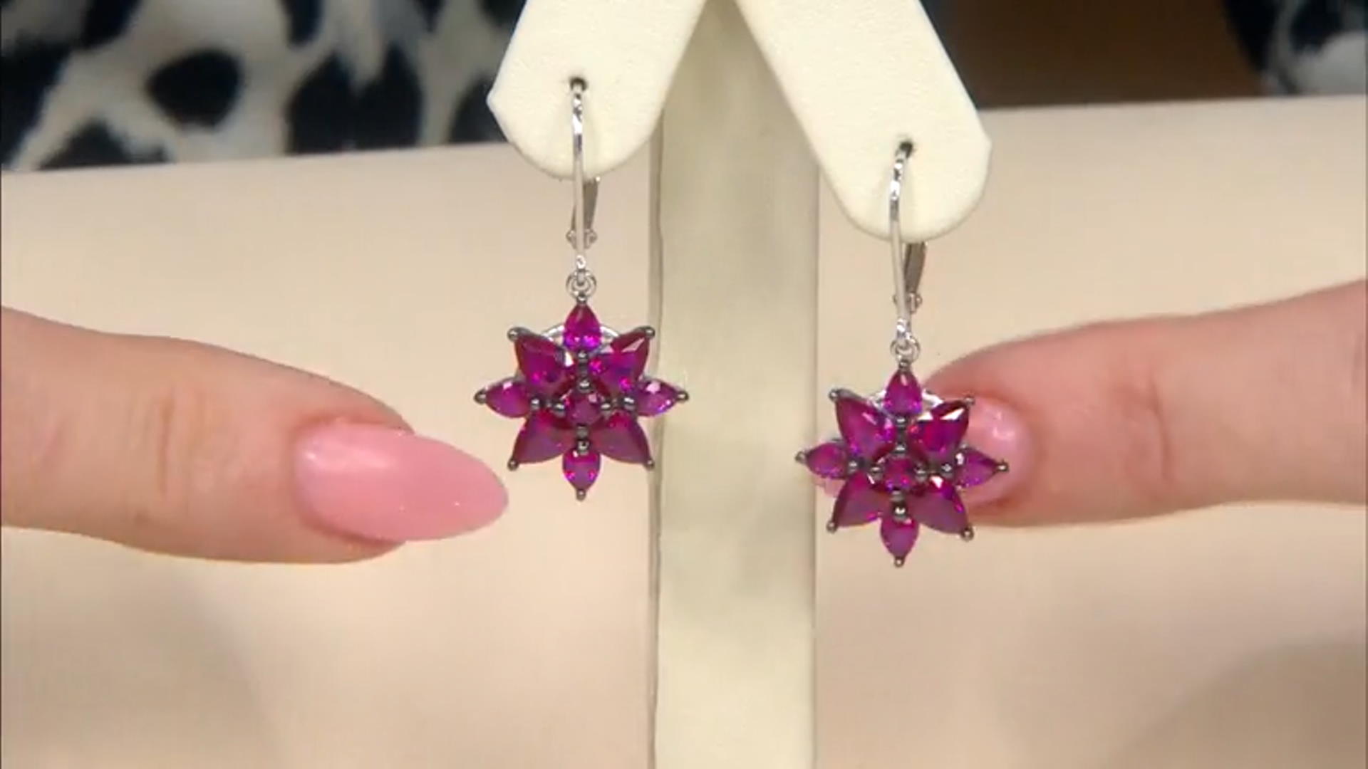 Red lab created ruby rhodium over sterling silver floral dangle earrings 5.14ctw Video Thumbnail