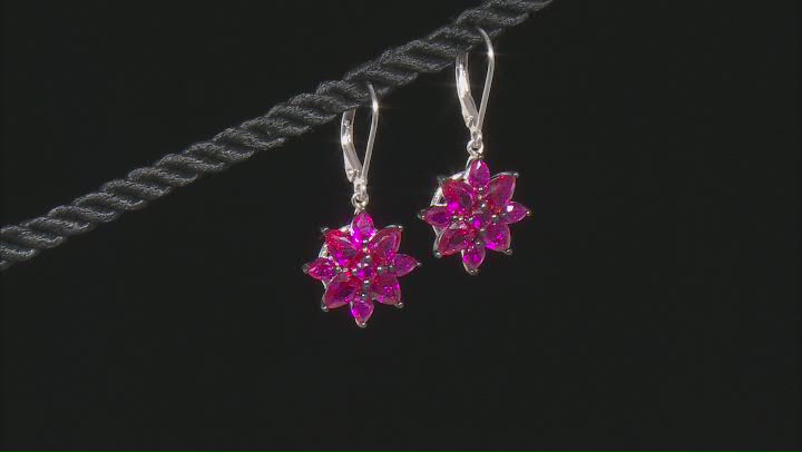 Red lab created ruby rhodium over sterling silver floral dangle earrings 5.14ctw Video Thumbnail