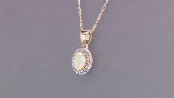 Ethiopian Opal With White And Champagne Diamond 10k Yellow Gold Pendant With Chain 0.70ctw Video Thumbnail