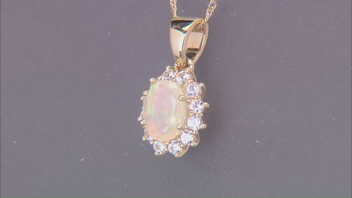 Ethiopian Opal With White Zircon 10k Yellow Gold Pendant With Chain 1.24ctw Video Thumbnail