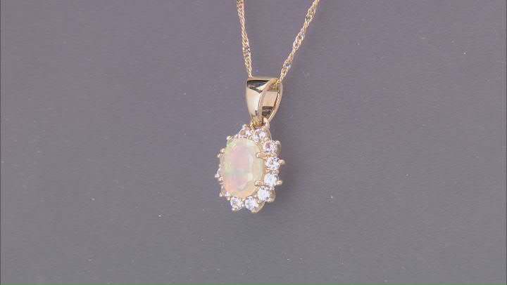Ethiopian Opal With White Zircon 10k Yellow Gold Pendant With Chain 1.24ctw Video Thumbnail