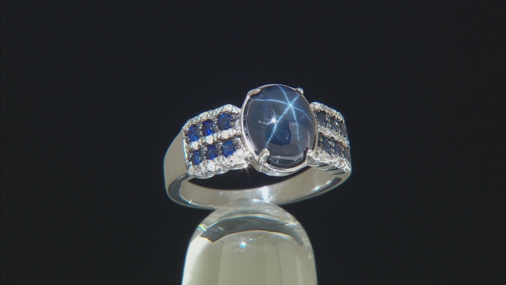 Blue Star Sapphire Rhodium Over Sterling Silver Ring  4.69ctw Video Thumbnail