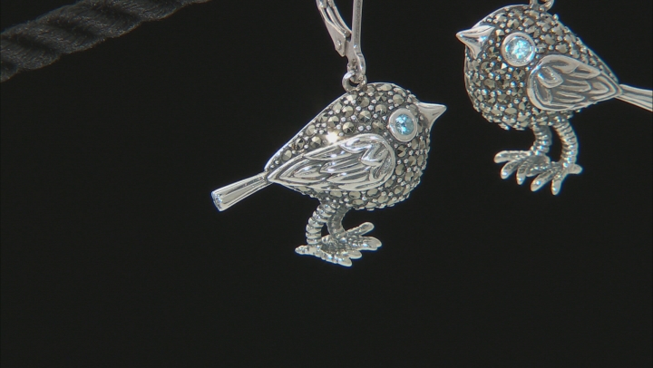 Swiss blue topaz oxidized sterling silver bird dangle earrings .02ctw Video Thumbnail
