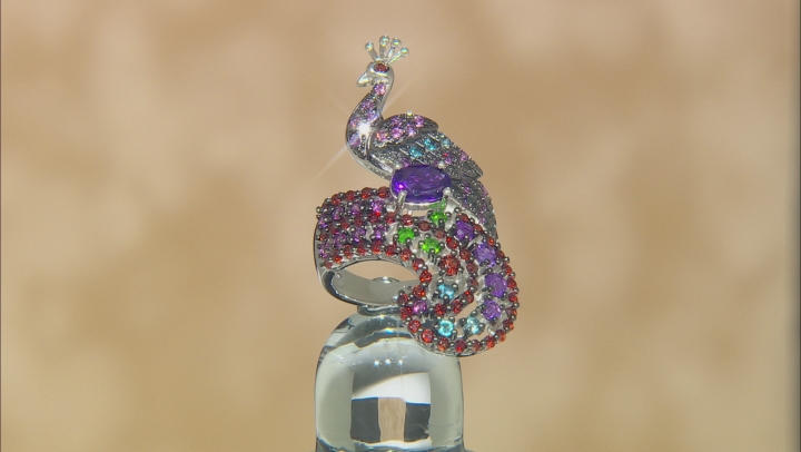Multi-Gem Rhodium Over Sterling Silver Peacock Ring 2.17ctw Video Thumbnail