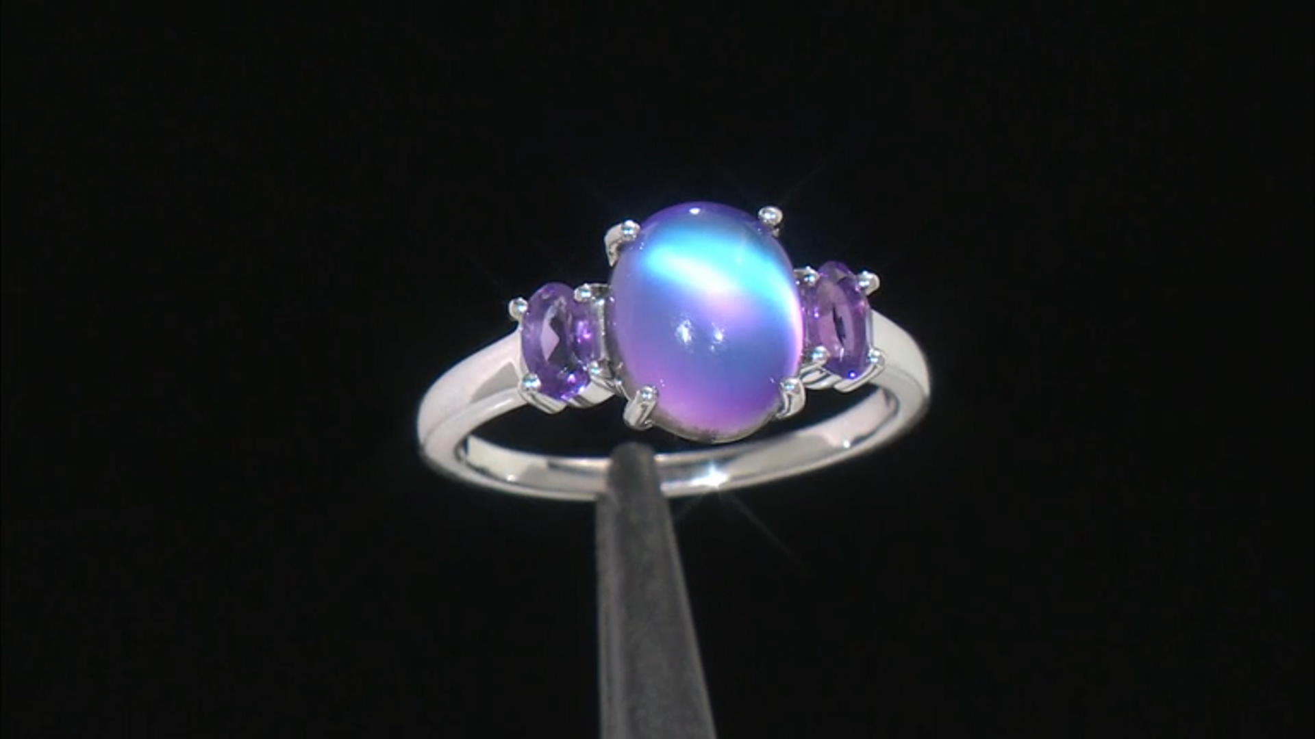 Violet Aurora Moonstone Rhodium Over Sterling Silver Ring 0.37ctw Video Thumbnail