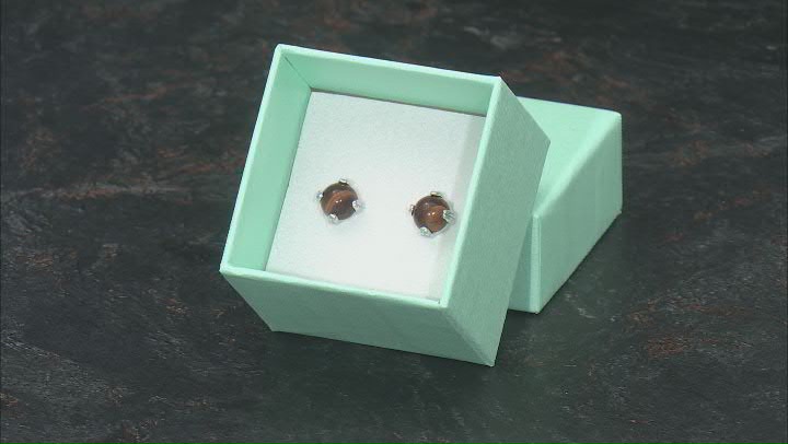 Brown Tiger's Eye Platinum Over Sterling Silver Stud Earrings with Box Video Thumbnail