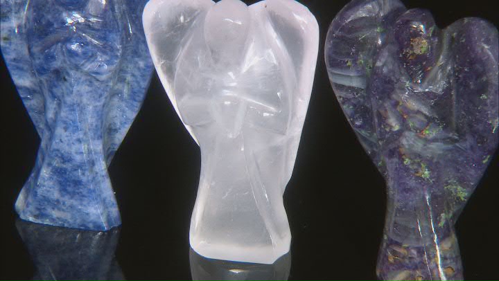 Hand Carved Angel Figurine Set of 3 in Rose Quartz, Sodalite, & Fluorite Video Thumbnail
