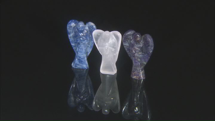 Hand Carved Angel Figurine Set of 3 in Rose Quartz, Sodalite, & Fluorite Video Thumbnail