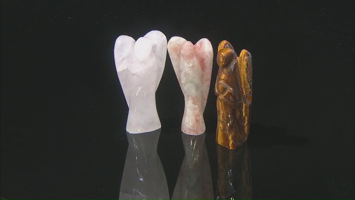 Hand Carved Angel Figurine Set of 3 in Rose Quartz, Feldspar, and Tiger's Eye Video Thumbnail