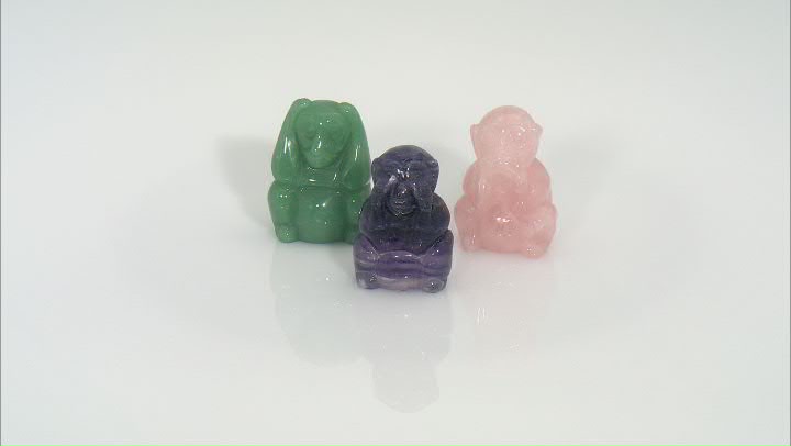 Three Wise Monkeys Figurine Set In Purple Fluorite, Rose Quartz And Green Quartzite Video Thumbnail