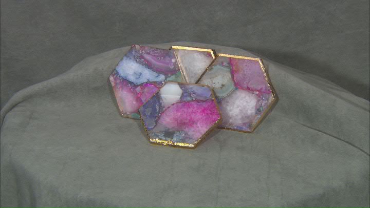 Multi-Color Agate Hexagonal Coasters Set of 4 with Gold Accents Video Thumbnail
