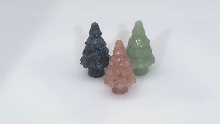 Carved Pine Tree Figurine Set of 3 in Green Quartzite, Pink Aventurine, and Sodalite Video Thumbnail