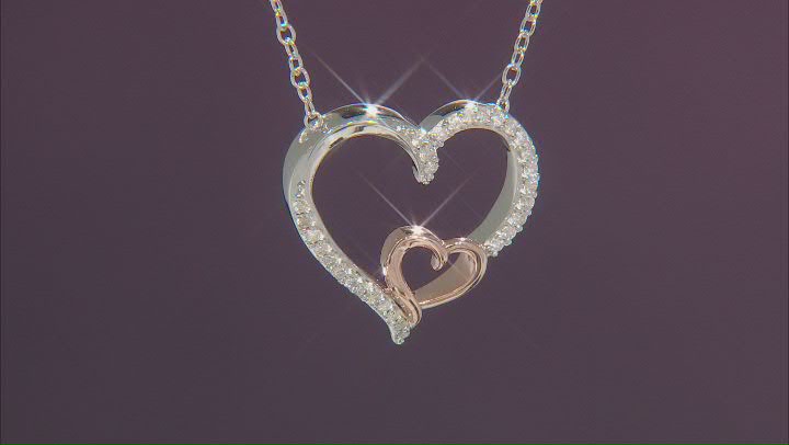 White Diamond Rhodium & 14k Rose Gold Over Sterling Silver Double Heart Necklace 0.15ctw