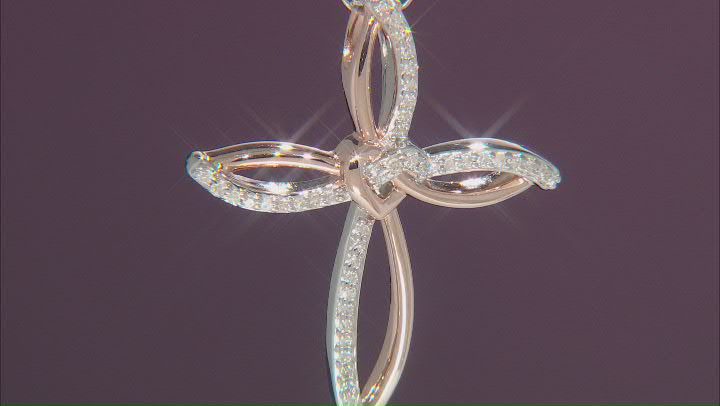 White Diamond Rhodium & 14k Rose Gold Over Sterling Silver Love Knot Cross Pendant 0.10ctw