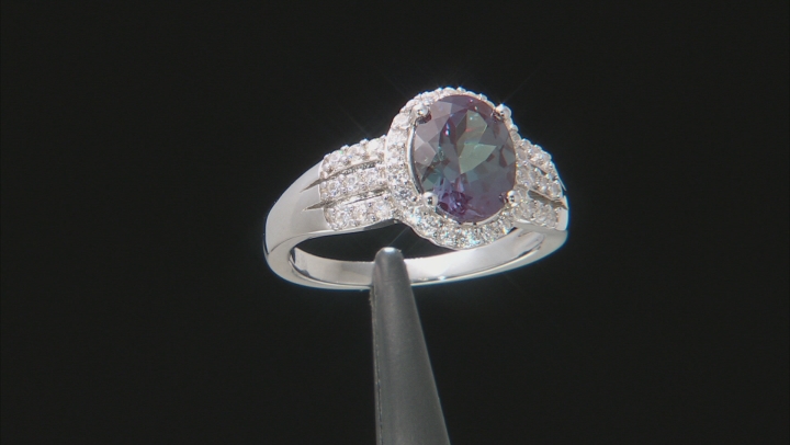 Color change lab created alexandrite rhodium over silver ring 2.14ctw Video Thumbnail