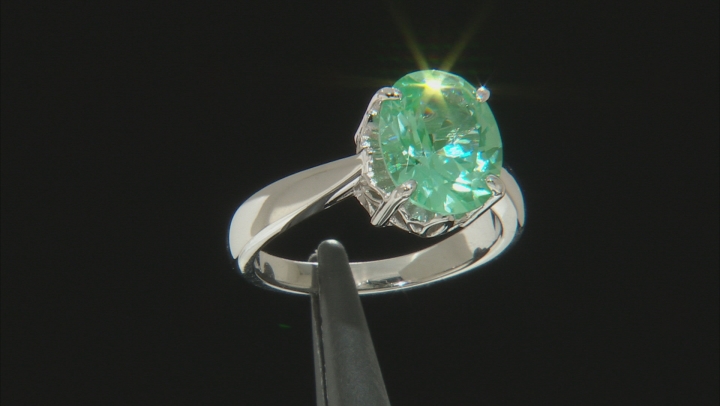Green Lab Created Spinel Rhodium Over Sterling Silver Solitaire Ring3.42ct Video Thumbnail