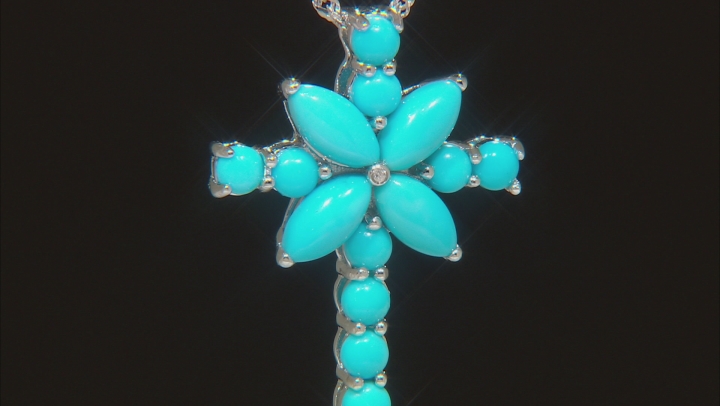 Blue turquoise rhodium over silver cross pendant with chain .01ct Video Thumbnail