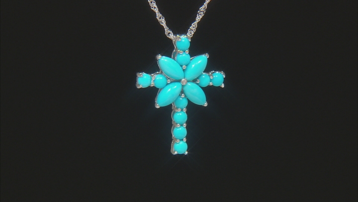Blue turquoise rhodium over silver cross pendant with chain .01ct Video Thumbnail