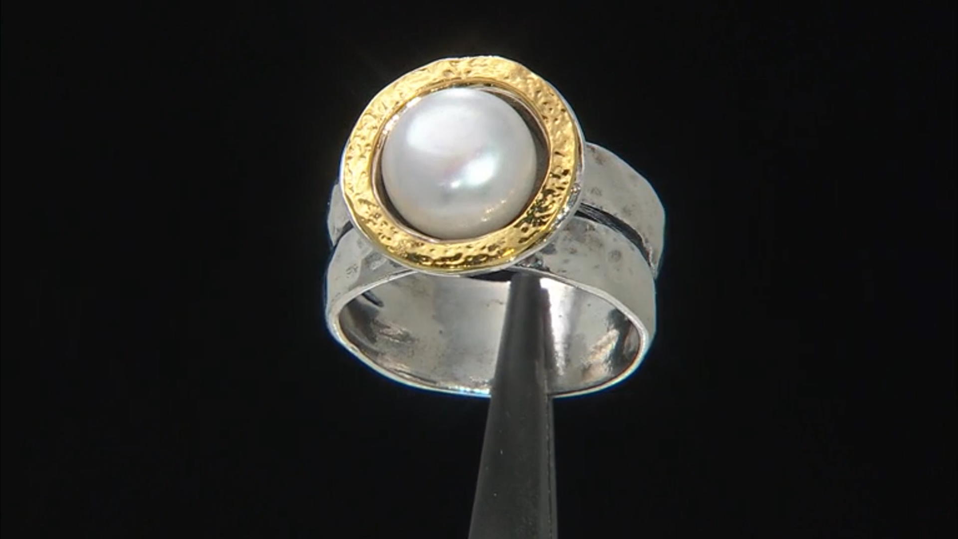 White Cultured Freshwater Pearl Sterling Silver With 14k Yellow Gold Over Accent Ring Video Thumbnail