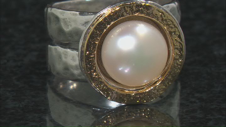 White Cultured Freshwater Pearl Sterling Silver With 14k Yellow Gold Over Accent Ring Video Thumbnail