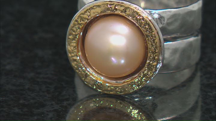 Peach Cultured Freshwater Pearl Sterling Silver With 14k Yellow Gold Over Accent Ring Video Thumbnail