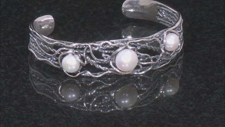 White Cultured Freshwater Pearl Sterling Silver Cuff Bracelet Video Thumbnail