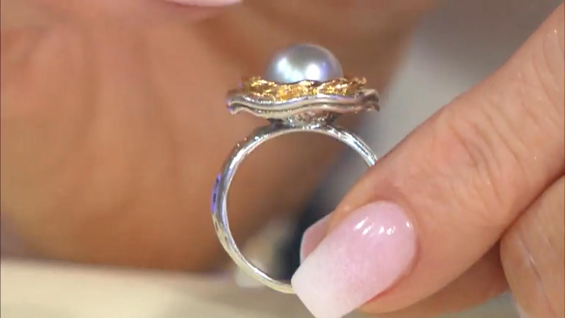Platinum Cultured Freshwater Pearl Sterling Silver and 14k Yellow Gold Over Sterling Silver Ring Video Thumbnail