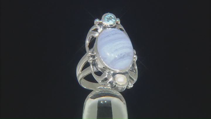 Blue Lace Agate, Blue Topaz, & Cultured Freshwater Pearl Silver Ring 0.23ct Video Thumbnail
