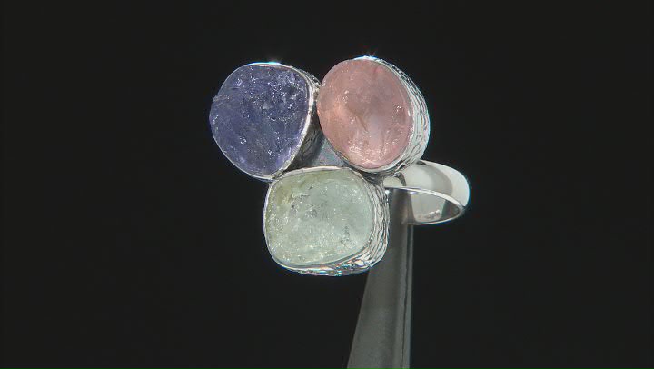 Freeform Blue Tanzanite, Pink Rose Quartz and Blue  Aquamarine Sterling Silver Ring