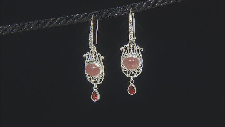 Pink Strawberry Quartz and Red Garnet Hamsa Sterling Silver Dangle  Earrings