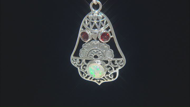 Ethiopian Opal and Garnet Sterling Silver Bell Pendant 0.94ctw Video Thumbnail