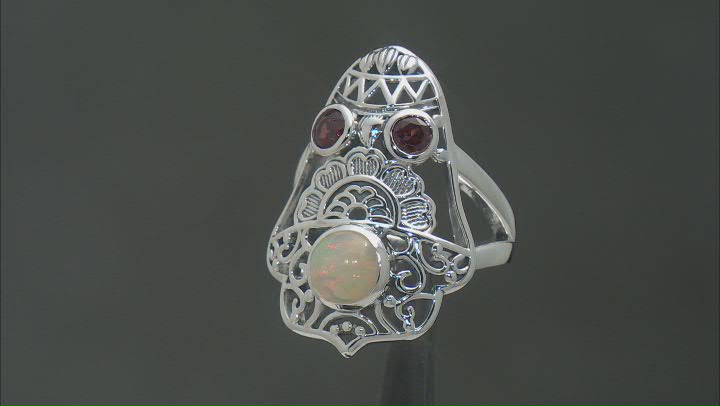Ethiopian Opal and Red Garnet Sterling Silver Bell Ring 0.54ctw Video Thumbnail