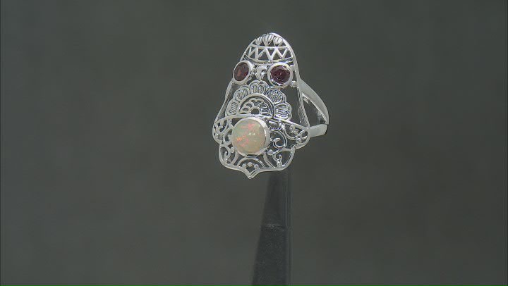 Ethiopian Opal and Red Garnet Sterling Silver Bell Ring 0.54ctw Video Thumbnail