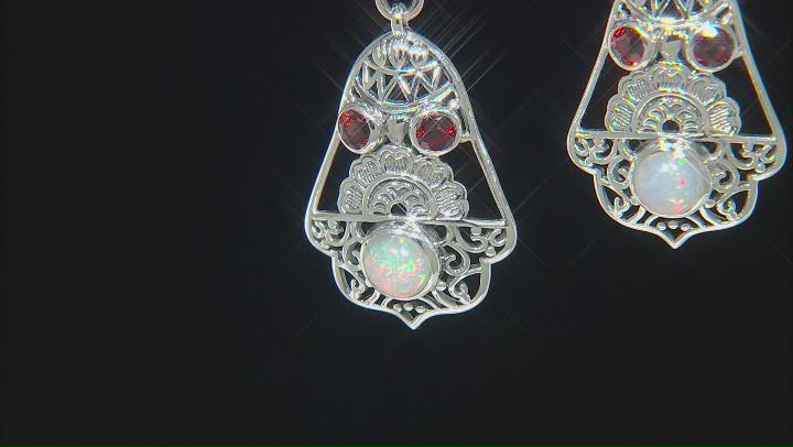 Ethiopian Opal and Garnet Sterling Silver Bell Dangle Earrings. 1.08ctw Video Thumbnail