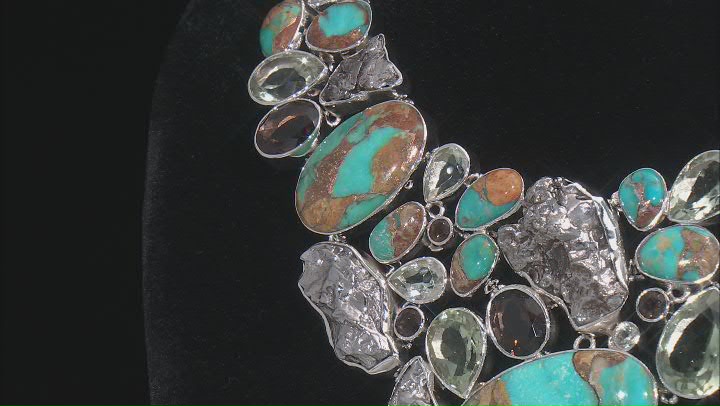 Boulder Turquoise, Meteorite, Smoky Quartz & Prasiolite Sterling Silver Bib Necklace 51.45ctw Video Thumbnail