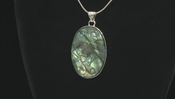 47x33mm Labradorite Sterling Silver Hand Carved Floral Pendant With Chain Video Thumbnail