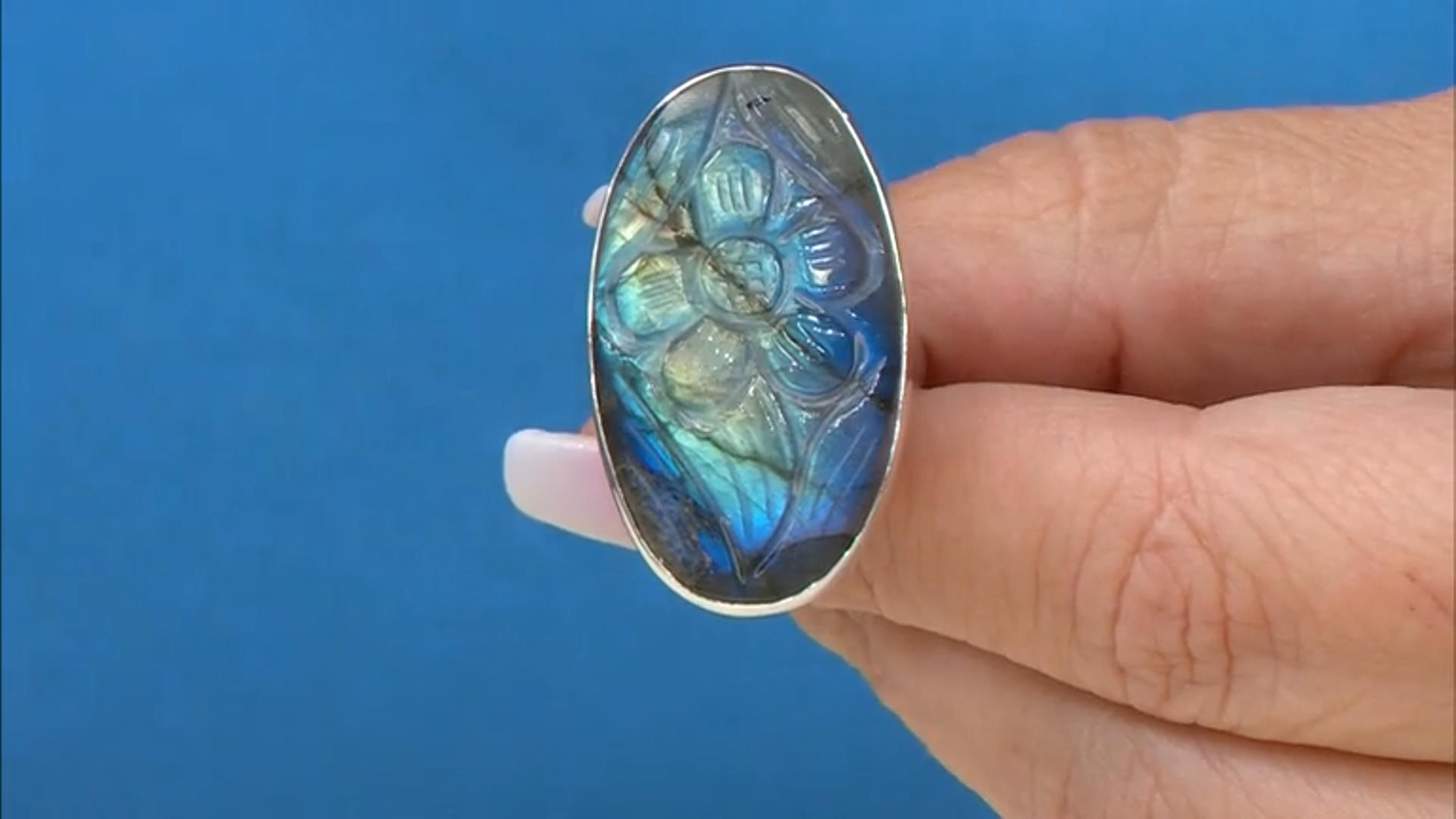 32x18mm Labradorite Sterling Silver Hand Carved Floral Ring Video Thumbnail
