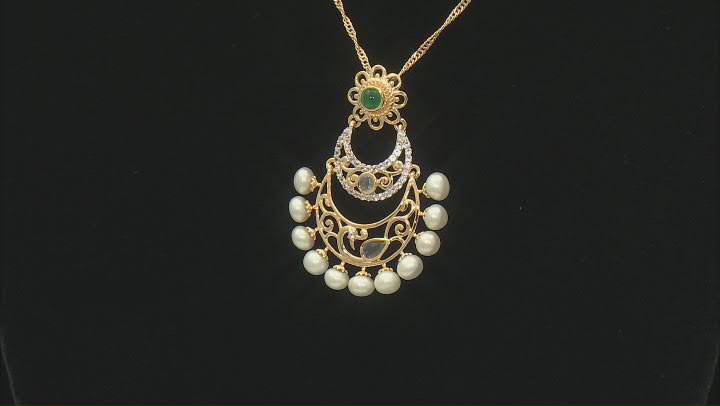 Green Onyx, Cultured Freshwater Pearl, & White Topaz 18K Yellow Gold Over Silver Pendant With Chain Video Thumbnail