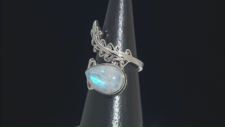 Rainbow Moonstone Sterling Silver Leaf Bypass Ring Video Thumbnail
