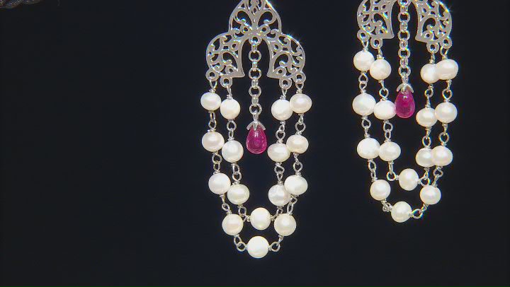 Ruby Color Quartz, Cultured Freshwater Pearl, & White Topaz Sterling Silver Dangle Earrings 1.80ctw Video Thumbnail