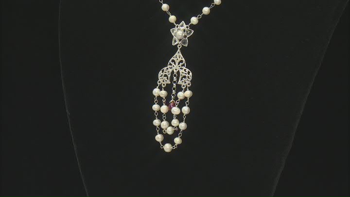 Ruby Color Quartz, Cultured Freshwater Pearl, & White Topaz Sterling Silver Necklace 0.96ctw Video Thumbnail