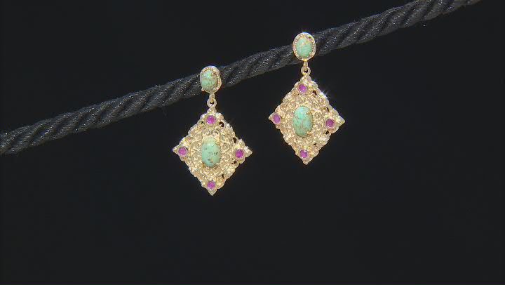 LaBonita Turquoise With Indian Ruby 18K Yellow Gold Over Sterling Silver Earrings 0.25ctw Video Thumbnail