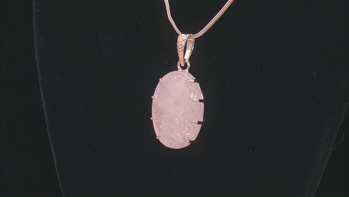 32x22mm Carved Rose Quartz 18K Rose Gold Over Sterling Silver Floral Pendant With Chain Video Thumbnail