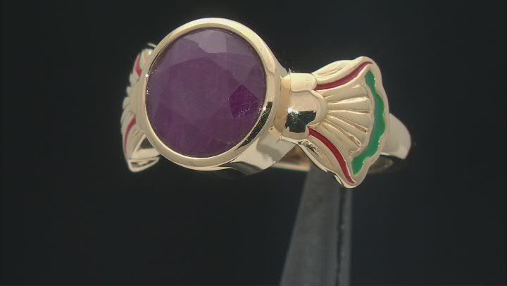 Indian Ruby & Enamel 18K Yellow Gold Over Sterling Silver Ring 2.70ct Video Thumbnail
